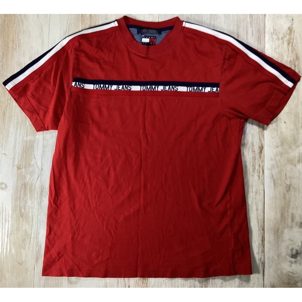 Vintage Tommy Jeans Hilfiger Tshirt Men's Medium Red With Stripes Y2K